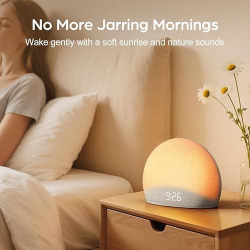 HOUSBAY Sunrise Alarm Clock, White Noise Sound Machine for Bedroom | Natural Wake-Up Light with Gentle Alarm Sounds, 20 Soothing Sleep Aids, Dimmable Display, Screen-Free Design thumbnail 4