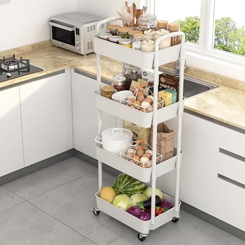 Sywhitta 4-Tier Plastic Rolling Utility Cart with Handle, Multi-Functional Storage Trolley for Office, Living Room, Kitchen, Movable Storage Organizer with Wheels, White thumbnail 5