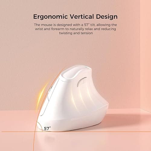 KYSONA 57° Ergonomic Wireless Tower Mouse, Vertical Quiet Ergo Mouse, Bluetooth(BT5.0,BT3.0)&2.4G, (800/1200/2400/2400/4000), 5 Buttons for Windows, macOS, iPadOS, Laptop, PC,White thumbnail 2