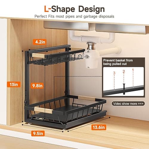 Sevenblue 2 Packs Under Sink Organizer, Height Adjustable 2 Tier Under Kitchen Sink Organizer, Multi-Purpose Storage Shelf for Kitchen Bathroom Cabinet (Black, Large) thumbnail 2