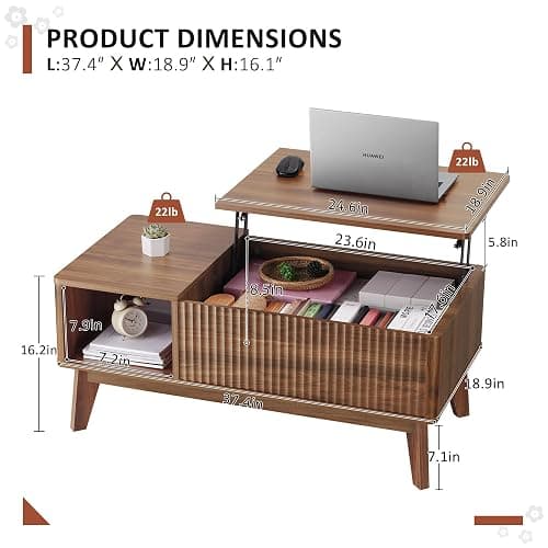 LYNCOHOME Fluted Lift Top Coffee Table with Storage, Modern Coffee Table for Living Room, Home Office（Walnut thumbnail 2
