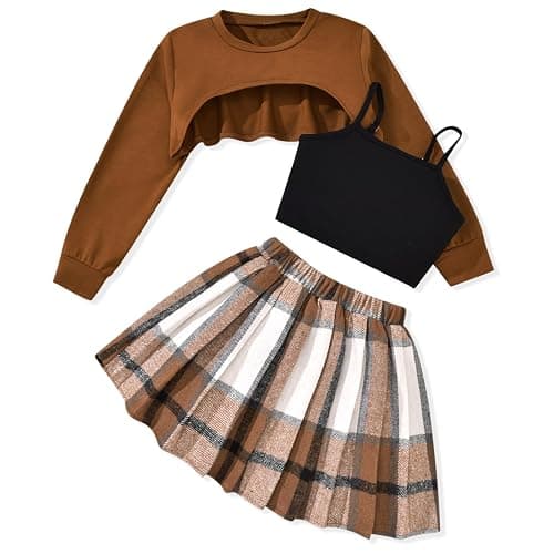 fioukiay Girls 3 Piece Outfit Skirt Sets Long Sleeve Sweatshirt and Plaid Pleated Skirt with Camisole Clothes Set - Image 1