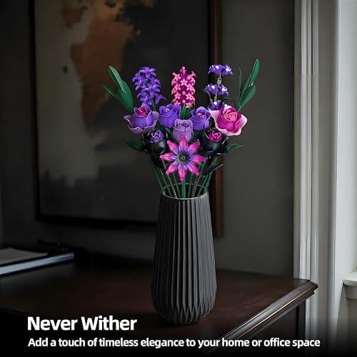 Purple Rose Bouquet Building Set - Compatible with Lego Flowers for Adults Women - Gothic Home Office Table Centerpiece Decor, Halloween Christmas Valentine's Gift thumbnail 7