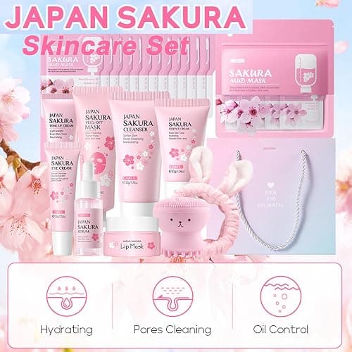Skin Care Set Sakura Women Beauty Gift Sets Korean Skin Care Kit- Cleanser,Serum,Face Cream,Toner,Eye Cream,Mud Mask-Skin Care Routine Kit (One Size, Cherry Blossom-StyleB-Luxury Moisturizing) thumbnail 3