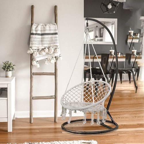 Saturnpower Hammock Chair Macrame Swing, Bohemian Style Round Hanging Chair, Handmade Knitted Cotton Rope Hammock Swing Chair for Indoor/Outdoor Home Bedroom Yard Garden Patio, Max 260Lbs, Beige thumbnail 7