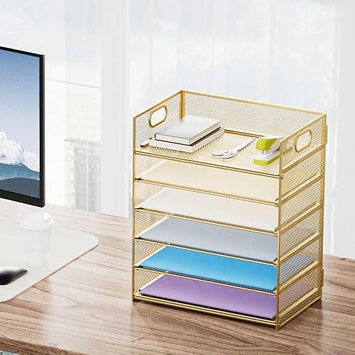Marbrasse Paper Letter Tray Organizer - 6 Tier Mesh File Organizer with Handle, Paper Sorter Organizer for Letter/A4 Office File Folder Holder - Gold thumbnail 2
