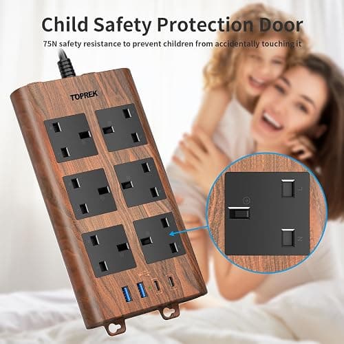 TOPREK Wood Grain 6 Way Extension Lead with USB Slots, Surge Protection, 2USB-A & 2USB-C & 1 Switch, 13A/3250W, Brown Extension Cable 2M for Home Office Kitchen thumbnail 7