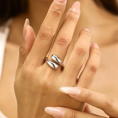 wgoud 6PCS Dome Chunky Gold Rings for Women Waterproof, 14K Gold Plated Braided Twisted Stackable Signet Rings, Adjustable Open Ring Band Statement Jewelry Gift thumbnail 4