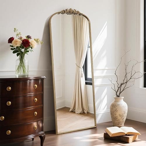 WallBeyond Arched Full Length Mirror Wall Mounted, 21x56 Inch Gold Antique Mirror, Vintage Metal Frame Full Body Mirro for Bedroom, Living Room, Hanging or Leaning thumbnail 2