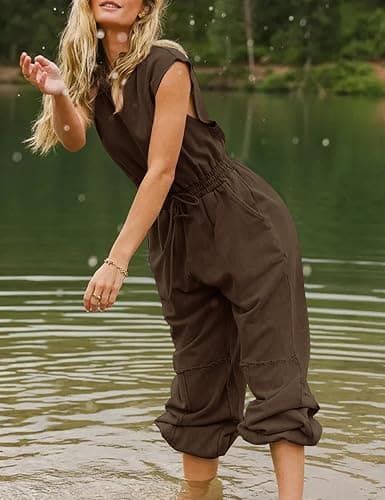 Flygo Womens Casual Jumpsuit Crewneck One Piece Outfits with Pockets | Cap Sleeve, Round Neck, Back Cutout, Drawstring Elastic Waist, Ankle Length, Long Wide Leg Pants, Summer Lounge Travel Outfit thumbnail 5