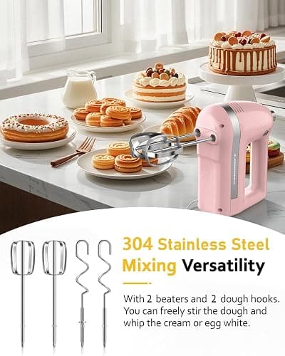 Z-DESDEMONA Electric Hand Mixer, Powerful 300W Hand Mixer Electric Handheld with 304 Beaters, Dough Hook,Hand Held Mixer with Turbo for Baking Cakes, Eggs, Cream Food(Pink) thumbnail 7