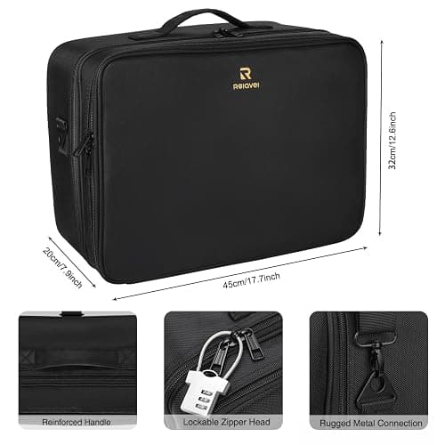 Relavel Extra Large Makeup Case, Professional Makeup Artist Bag Double Layer Compartment Cosmetic Travel Organizer Bag Makeup Brush Storage Holder with Adjustable Dividers and Shoulder Strap, Black thumbnail 3