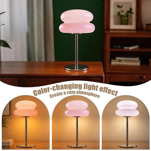 xiaojuande Bedroom Mushroom lamp, Medieval Modern Bedside Table lamp, dimmable Retro Egg Tart Headlight, Unique Home Mushroom Decoration Aesthetic Lovely Living Room Desk lamp (Pink) thumbnail 6