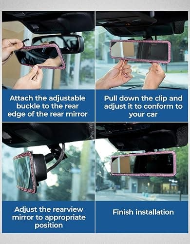 JOYTUTUS Rear View Mirror, Universal 11.81 Inch Panoramic Rearview Accessories with Bling Rhinestones Crystal Diamonds Edge, Interior Clip-on Wide Angle Rear View Mirror -Pink thumbnail 3