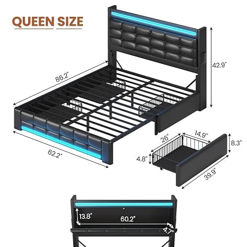ADORNEVE Queen Bed Frame with Storage Headboard & 4 Drawers, LED Bed Frame Queen with Charging Station, Leather Upholstered Platform Bed Frame with Button Tufted, No Box Spring Needed, Black PU thumbnail 2