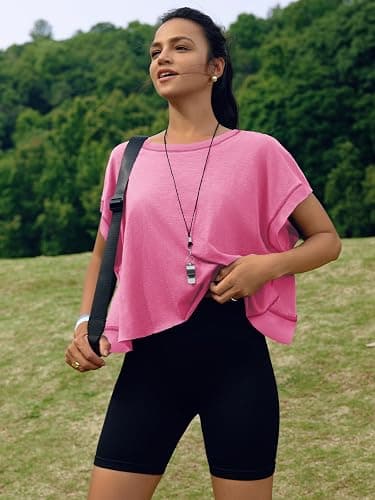 SENSERISE Womens Open Back Workout Tops Backless Short Sleeve Athletic Shirt Running Crop Top Gym Yoga Tee - Small - Hot Pink thumbnail 3