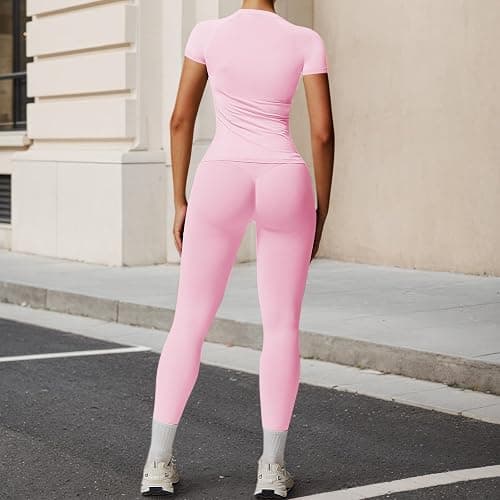 MAYROUND Gym Sets for Women 2 Piece Outfit Gym Scrunch Leggings and Short Sleeve Crop Top Set Seamless Yoga Tracksuits thumbnail 3