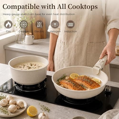 YASHE 15Pcs Nonstick Pots and Pans Set with Detachable Handle, Oven Safe | Induction Compatible Non-Toxic Stackable Cookware Set for RVs, Camping, PFOS/PFOA-Free thumbnail 5