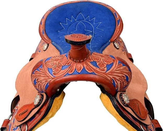 Royal Reins Leather Western Barrel Show Saddle Tan and Blue Dual Color Western Riding Saddle for Horse Durable Leather Comfortable Seat Secure Fit Equestrian Tack thumbnail 3