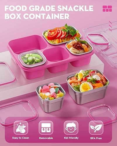 BiuLeon Snackle Box Containers, Stainless Steel 5 Compartments Divided Serving Tray with Lid, Removable LeakProof Portable Bento Box for Fruit Candy Nuts Food - School, Picnic and Travel（Pink） thumbnail 4