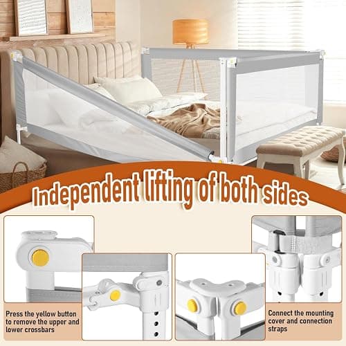 Tubiaz 1x180CM+2x200CM Barriera per letto, Barriera pieghevole per letto con piedini a forma di U, Protezione per letto per bambini per prevenire le cadute, Barriera per bambini piccoli thumbnail 4