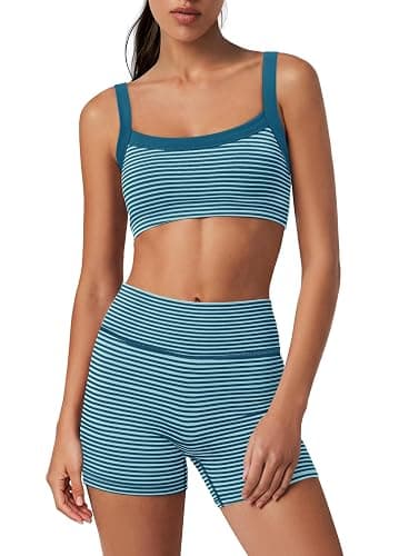 Yanekop Womens Striped Workout Set Two Piece Yoga Sets Activewear | Stretchy Soft Activewear Sets, 2 Piece Summer Matching Set, Sport Bra and High Waisted Biker Shorts with Pocket for Gym - Image 1