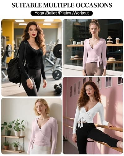 Simlakey 3 Pack Women Ballet Pilates Wrap Tops Y2K Workout Yoga Wrap Shirts Dance Long Sleeve Tie Front Crop Going Out Tops thumbnail 6
