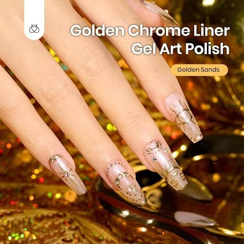 Beetles Metallic Gold Gel Liner 7ml French Tip Gel Polish 3D Mirror Chrome Effect Metal Painted Nail Polish Build in Thin Brush French Swirl Line Nail Art Soak off Uv Lamp Manicure Salon thumbnail 2