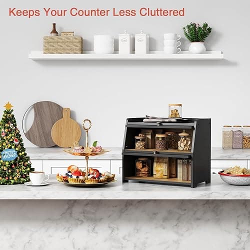 Goozii Large Bread Box for Kitchen Countertop, Black Bread Storage Container for Homemade Bread, Double Layer Farmhouse Breadbox Organizer for Kitchen Counter Cabinet, Pantry, Cupboard (Black) thumbnail 4