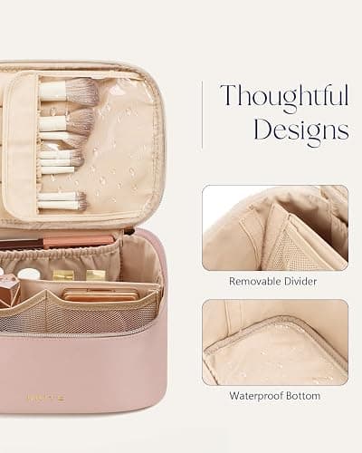 Prite Makeup Bag, Large Capacity Portable Travel Cosmetic Bag, Waterproof Makeup Organizer for Women with Handle and Divider (002 Pearl Pink) thumbnail 5