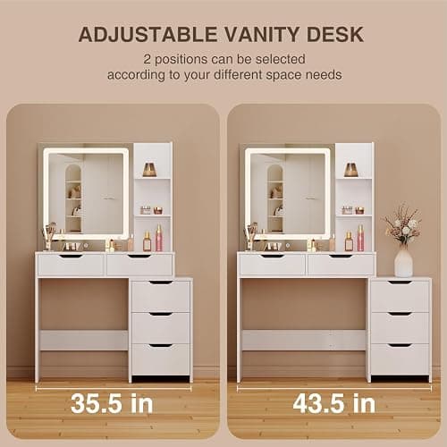 Aiho Makeup Vanity Desk with Mirror & Lights, 43.5" Table with 5 Drawers & Shelves, Adjustable Brightness & 3 LED Modes - Dressing Table Set for Bedroom, White thumbnail 3