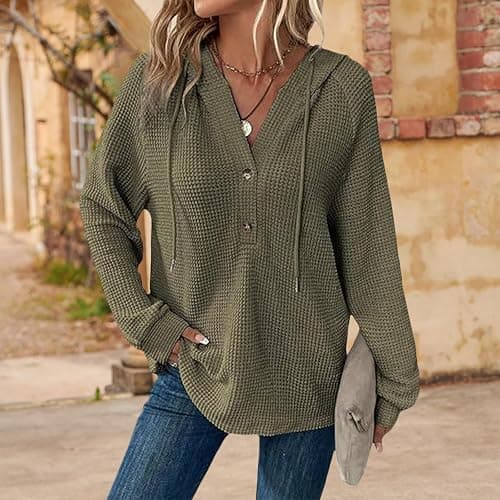 Hoodies for Women Comfortable Waffle Knit Long Sleeve Drawstring Button V Neck Casual Pullover Sweatshirt Hooded Tops thumbnail 2