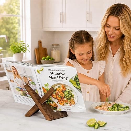 PUERSI Cookbook Stand for Kitchen, Recipe Book Holder for Kitchen Counter, Wooden Cookbook Holder, Rustic Cook Book Holder Stand - Rustic Brown - 1 Set thumbnail 7