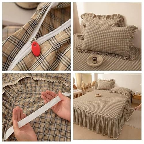 4pcs Plaid Duvet Cover Set Queen Size - 100% Washed Cotton Brown Checkered Gingham Bedding, Ultra Soft with Ruffle Edges, Includes 1 Duvet Cover, 1 Fitted Sheet with Bed Skirt, 2 Pillow Shams thumbnail 4
