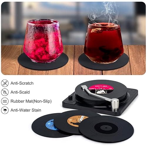 Valdivia Funny Retro Vinyl Record Coasters with Player, 6 Pcs Music Coasters for Drinks, Bars, Party, Birthday Gifts for Music Lovers, Home Decor Housewarming and White Elephant Gifts Ideas thumbnail 7