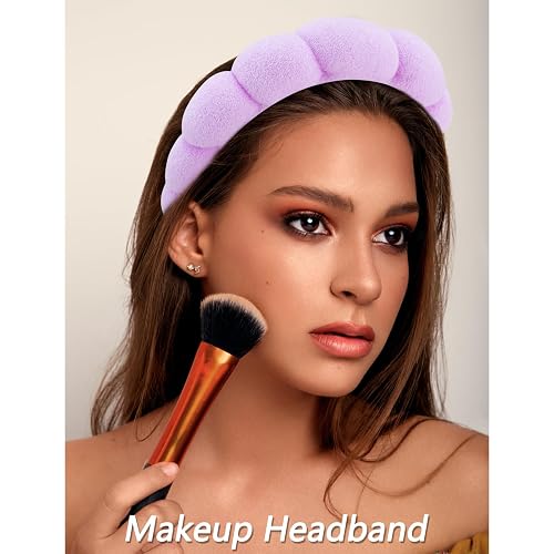 VELSCRUN Spa Headbands for Wash Face, Makeup Headband, Facial Skincare Headbands, 5 Pcs Purple Colourful Puffy Sponge Spa Headband Bow Tie Hair Band Hair Clips Wristband Set Women Girls Accessories thumbnail 3