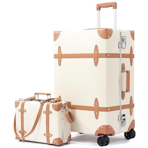 universal trotter Vintage PU Leather Luggage Set, Retro Trunk Suitcase with Wide Aluminum Frame, TSA Key Locks and Smooth 360° Spinner Wheels (Natural Tan Trim,26"+12") - Image 1