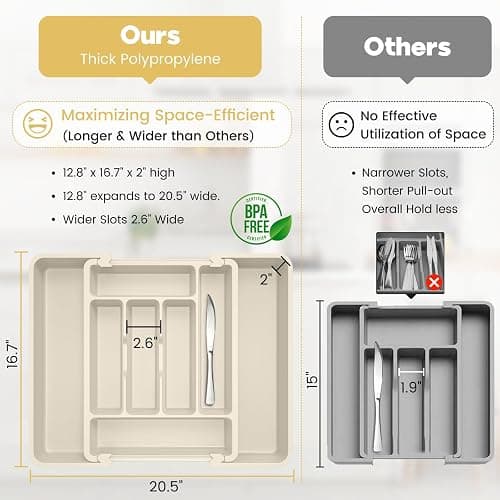 Caperci Large Silverware Organizer for Kitchen Drawer & Utensils - Expandable Drawer Organizer for Cutlery, Flatware & Gadget, BPA-Free Thick Plastic, Wider Compartments & Non-skid Feet (Tofu) thumbnail 3