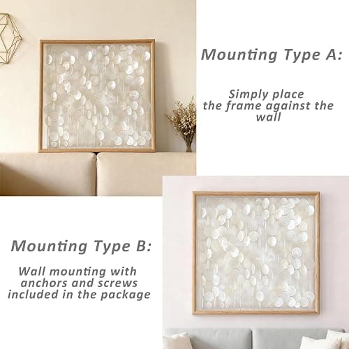 Bergamot 3D Handmade 24"x24" Capiz Shell Wall Hanging Decor, Solid Wooden Framed Coastal Wall Decor, Minimalist White Sea Shell Art for Living Room, Bedroom, Office thumbnail 9