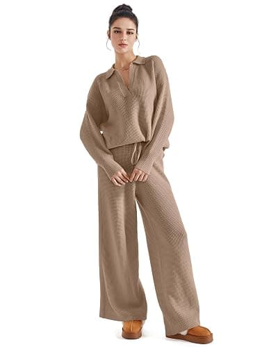 SUUKSESS Women 2 piece Fall outfits Long Sleeve Oversized Matching Lounge Set Waffle Knit Polo Sweater sets (Khaki,M) thumbnail 5
