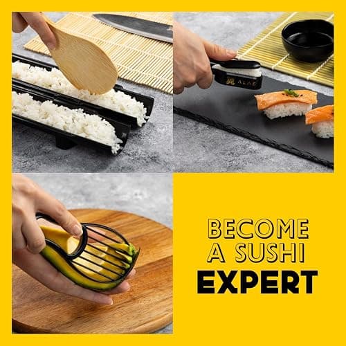 Alas Sushi Making Kit- Complete Sushi Making Kit for Beginners & Pros Sushi Makers, Perfect Sushi Making Kitchen Accessories Like Sushi Knife, 2 Sushi Mats, Rice Bazooka, Dipping Plate, & More (Black) thumbnail 6