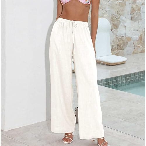 Duyang Womens Cotton Linen Palazzo Pants Drawstring Elastic Waist Casual Wide Leg Trousers with Pockets thumbnail 2