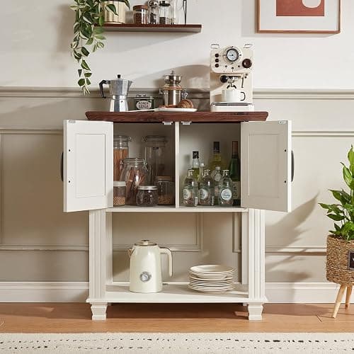 SAVOR LIFE Farmhouse Coffee Bar Table with 2-Door Cabinet, Kitchen Storage Cabinets with Open Shelf, Coffee Station for Dining Room, Kitchen, Hallway, Living Room, White thumbnail 6