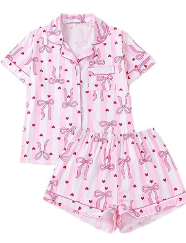 APRTEAK Women's 2 Piece Bow Pajamas Set Pink Pjs Cute Pj Set Summer Coquette Short Sleeve Button Down Lounge Sets Sleepwear - Image 1