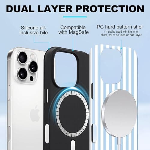flewfun Magnetic for iPhone 15 Case Cute Stripes Phone Case, Shockproof Slim TPU and Hard PC Protective Phone Cover Compatible with MagSafe Designed for Women Girls, Blue and White thumbnail 3