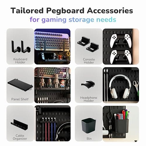 Keepo Pegboard Combination Kit, Pegboards and Accessories Modular Hanging for Gaming Setup, Gaming Station Peg Board, Gaming Organizer, Wall Game Controller Holder, Headset Stand (Black, 22″×22″) thumbnail 5