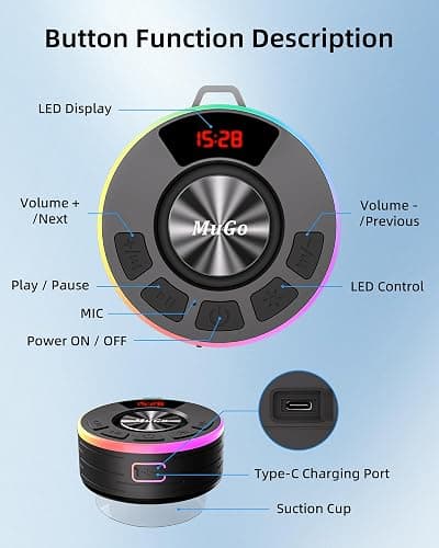 MuGo Shower Bluetooth Speaker Waterproof IPX7, 360° HD Stereo Sound Bathroom Speaker Bluetooth 5.3 with RGB Lights, Suction Cup and Microphone, Mini Shower Radio for Home/Party/Outdoor thumbnail 5