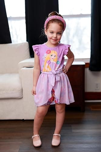 Disney Princess Frozen Elsa Minnie Mouse Stitch Toddler Girl Romper With Skirt Overlay Summer Jumpsuit with Bow 2-6 Years thumbnail 2