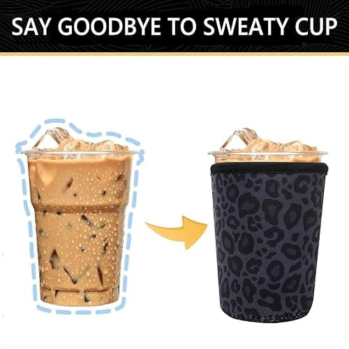 YR Reusable Neoprene Insulator Sleeve for Iced Coffee Cups, 3 Pack Coffee Coolies sleeves for Iced & Hot Drinks, Cold Beverage Cooler Compatible with Starbucks Coffee and More (Black Leopard Print) thumbnail 5