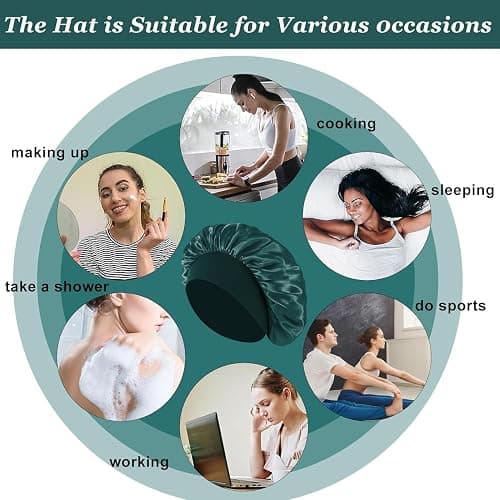 4PCS Silk Satin Bonnets for Black Women & Men - Elastic Wide Band Hair Wrap Cap for Curly Hair - Shower Cap for Sleeping (Black, Peacock Blue, Pink, Khaki) thumbnail 5